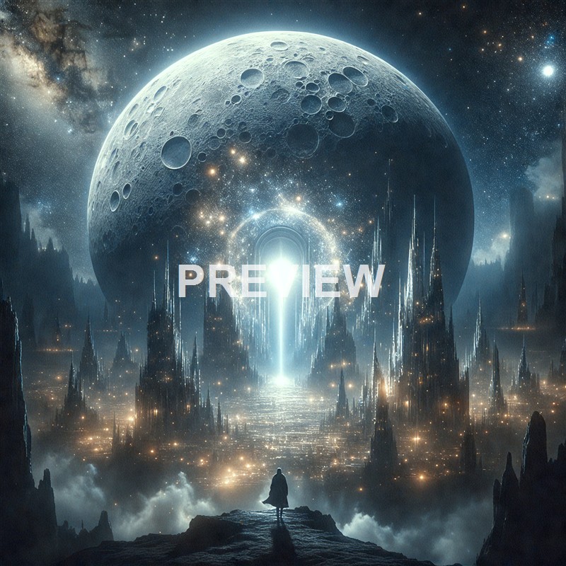 A person standing on a rocky outcrop gazing at a surreal, illuminated landscape featuring a large, cratered moon, luminous spires, and a bright portal or light source in a fantastical cosmic setting.